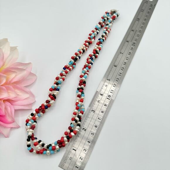 Artisan Pearl Glass Bead Triple Strand Twisted Necklace Box Clasp Red White Blue - Picture 5 of 9